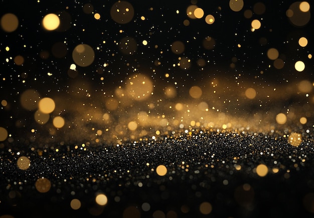 Black background with golden glitter and sparkles gold dots falling on the black background