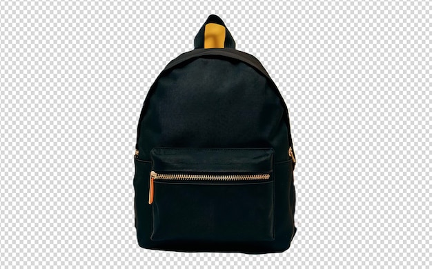 a black backpack with a gold buckle is shown