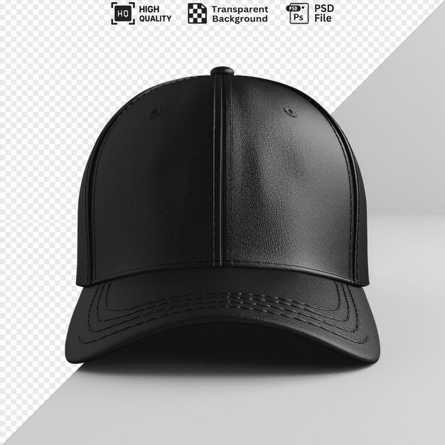 black baseball cap mockup template on a transparent background against a white wall with a dark shadow in the foreground png psd