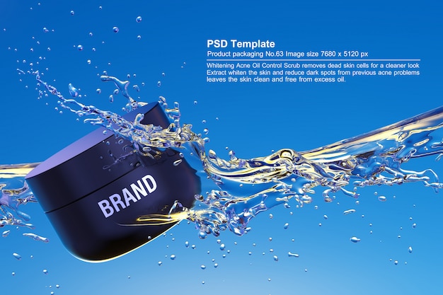 Black beauty product in blue water background 3D Render