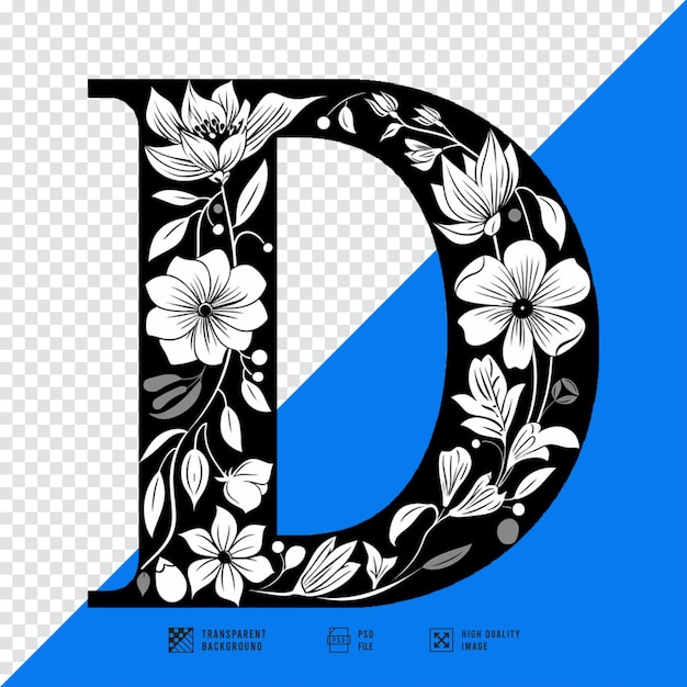 a black and blue logo with flowers and the letter d