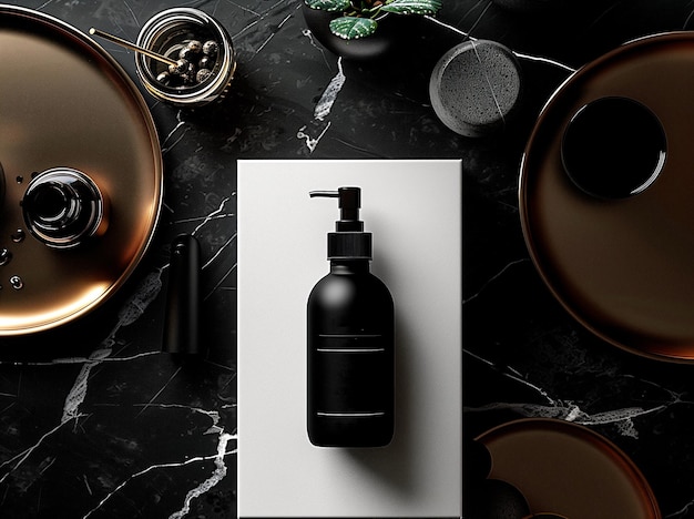 PSD a black bottle of black soap sits on a white paper with a black bottle of black liquid