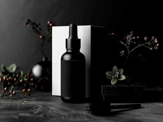 PSD a black bottle of perfume sits on a table with a plant in the background