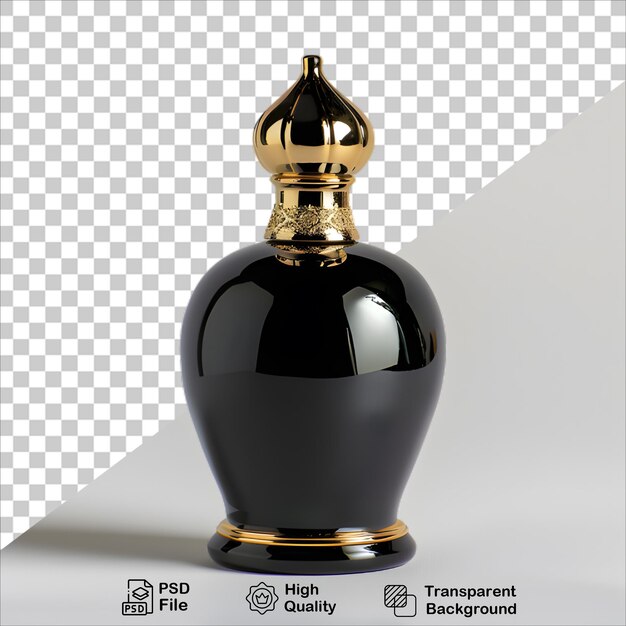 a black bottle of perfume with a gold cap