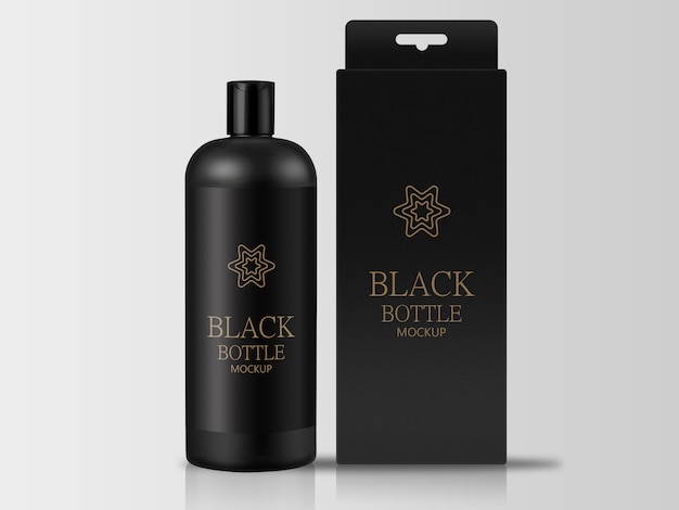 Black Bottle with Packaging Box Mockup