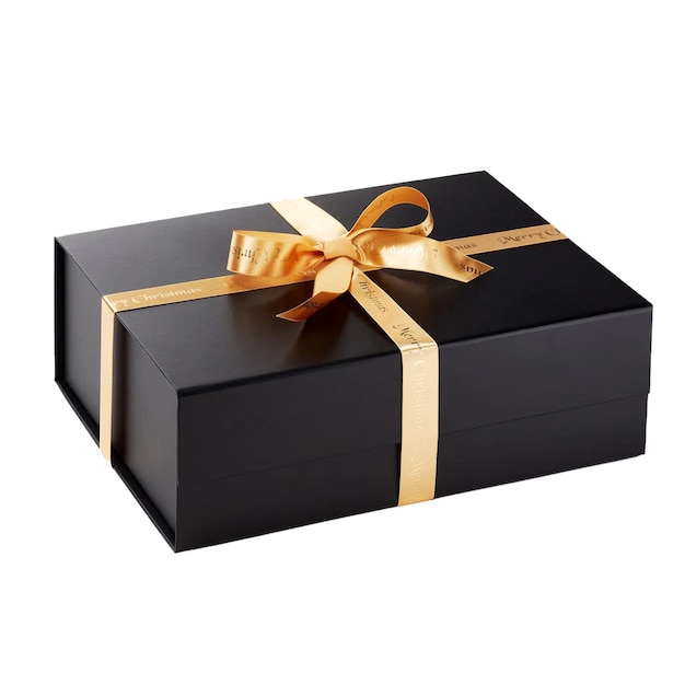 a black box with a gold ribbon tied around it