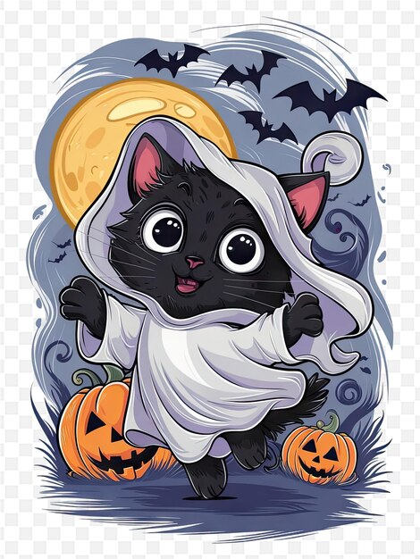 a black cat in a halloween costume sits in front of a full moon