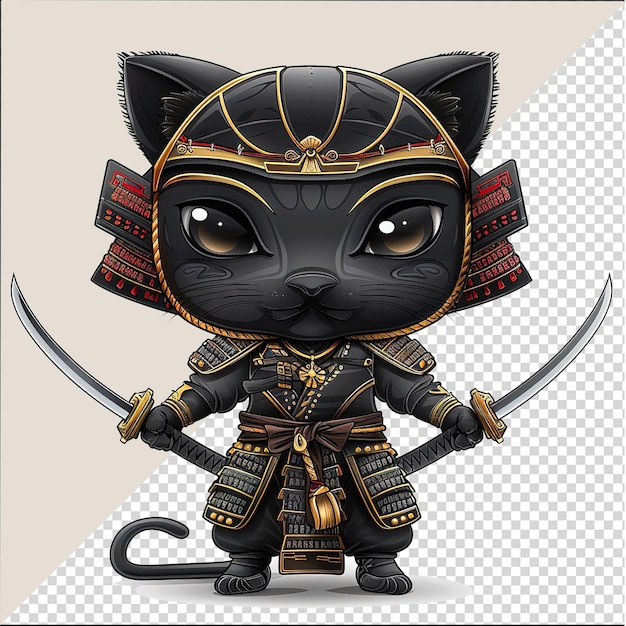 Black cat Samurai Warrior Wielding Katana Sword cartoon Cat Samurai cartoon design