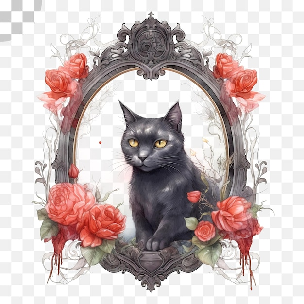 PSD black cat and watercolor roses on transparent background