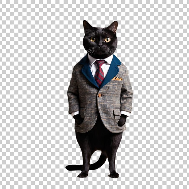 a black cat wearing a suit and tie is standing in front of a screen