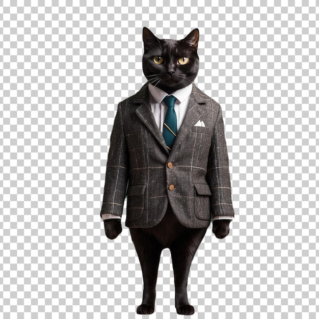 a black cat wearing a suit and tie is standing in front of a screen