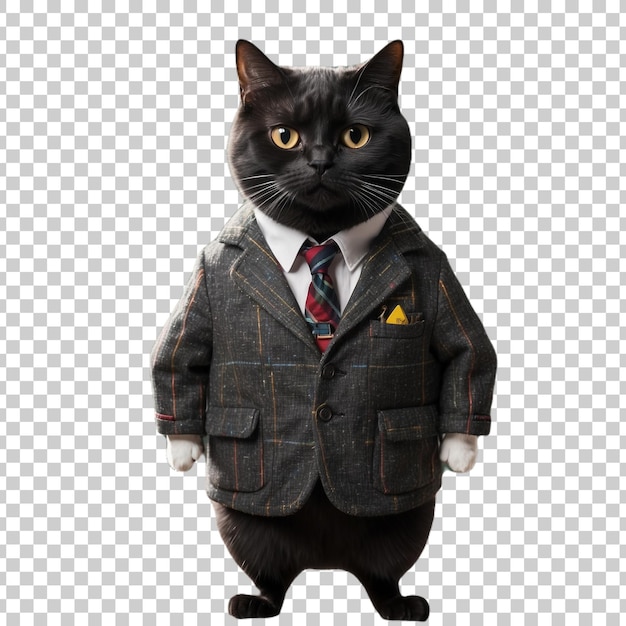 a black cat wearing a suit and tie is standing in front of a screen