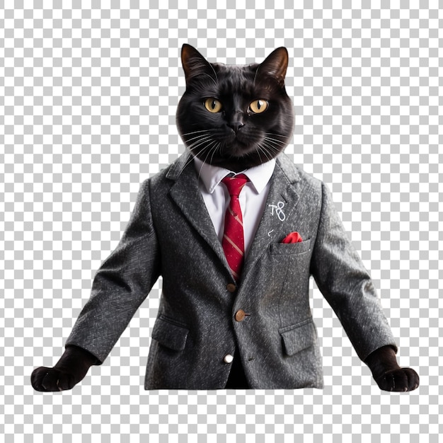 a black cat wearing a suit and tie is standing in front of a screen