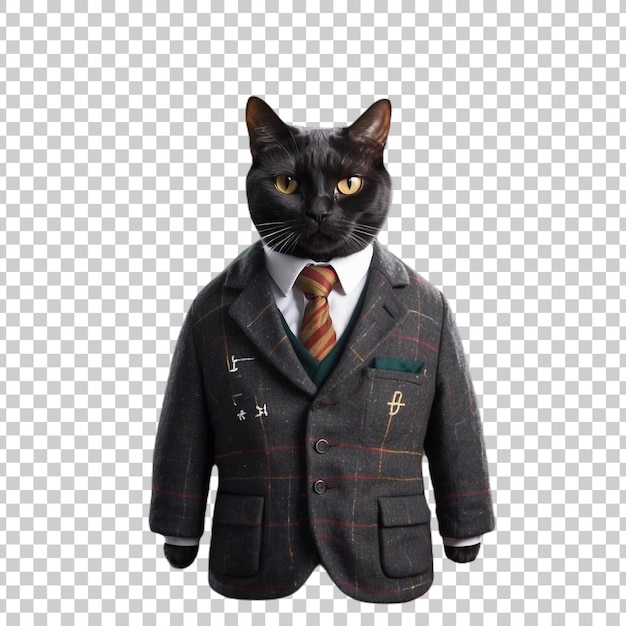 a black cat wearing a suit and tie is standing in front of a screen