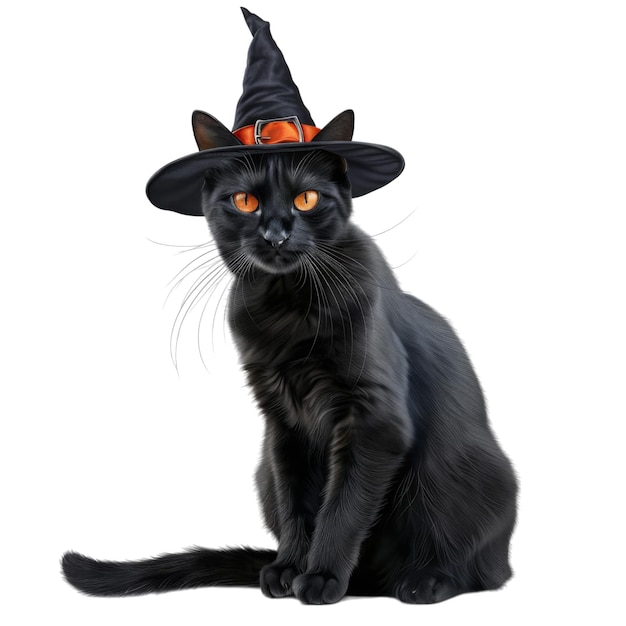 Black Cat Wearing Witch Hat with Orange Eyes