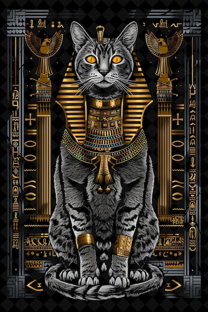 a black cat with gold eyes sits in front of a gold and black background