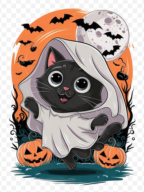 PSD a black cat with a white cape on its head is in front of a pumpkin