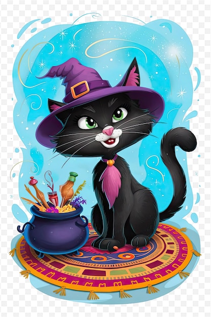 PSD a black cat with a witch hat on it and a pot of cereal