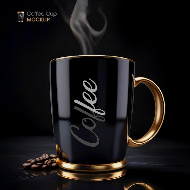 Black Coffee Mug Mockup 3d Transparent Mug With Coffee Bean and Smoke Effect Golden Edge Isolated