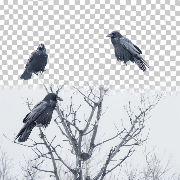 PSD a black crow is sitting on a tree with the words  raven  on it