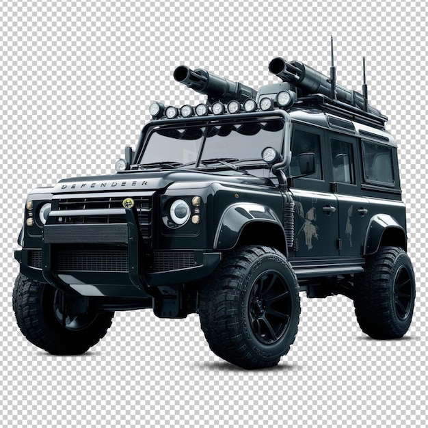 A black Defender car with a transparent Background