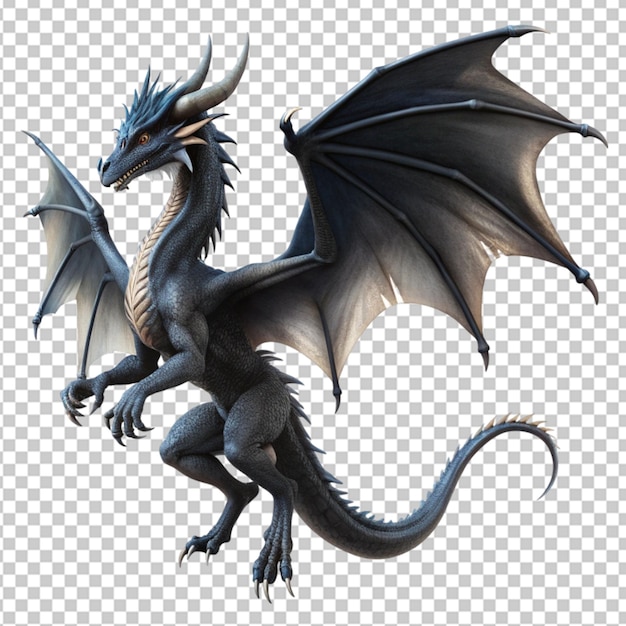 black dragon flying with wings spread on transparent background