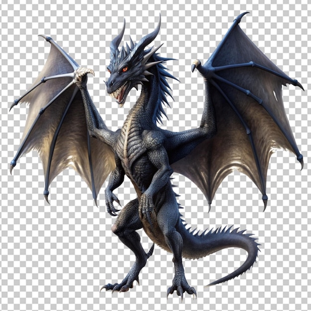 black dragon flying with wings spread on transparent background