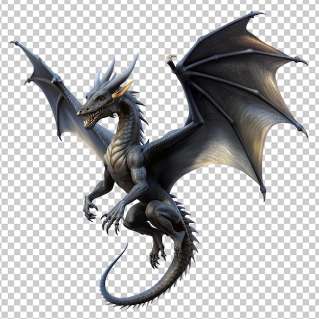 black dragon flying with wings spread on transparent background