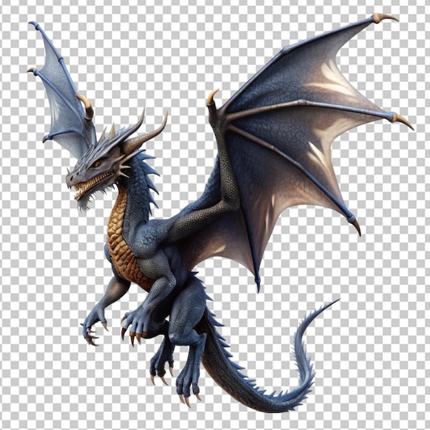 black dragon flying with wings spread on transparent background