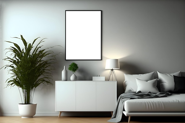 Black empty frame picture mockup psd with indoor plants, bed and Closet, blank indoor photo frame