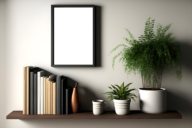 Black empty frame picture mockup psd with indoor plants and books shelf, Blank indoor photo frame