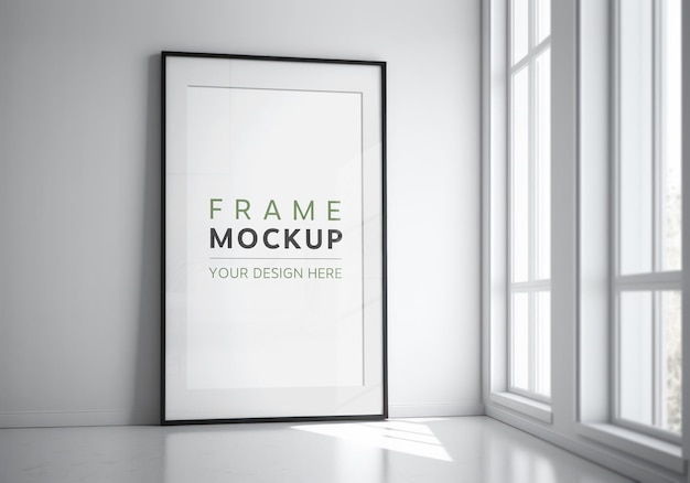 Black frame in a bright empty interior Mockup