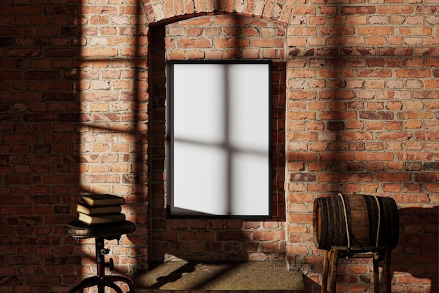 Black Frame Mockup on brick wall with window shadow in loft interior