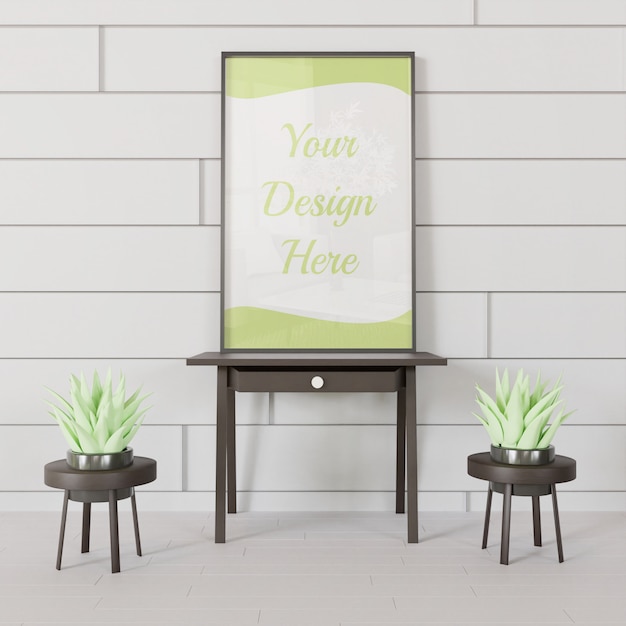 black frame mockup standing on the mini table with couple succulents