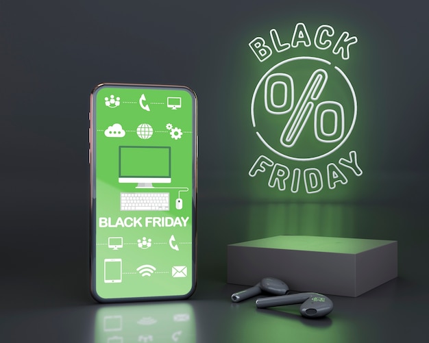 Black friday background with green neon lights