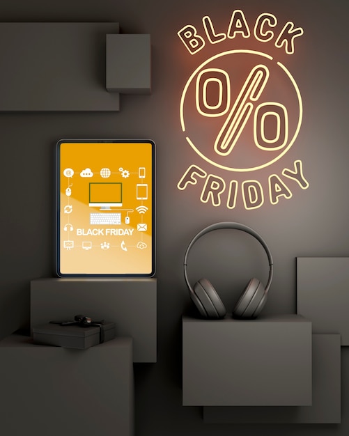 Black friday background with yellow neon lights and tablet