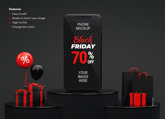 Black Friday banner background with mobile phone mockup and red stuff on a dark podium platforms