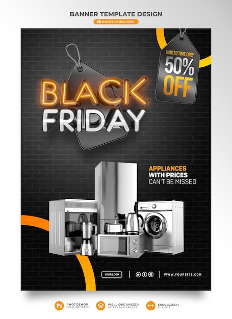 Black friday banner in realistic 3d render for marketing composition