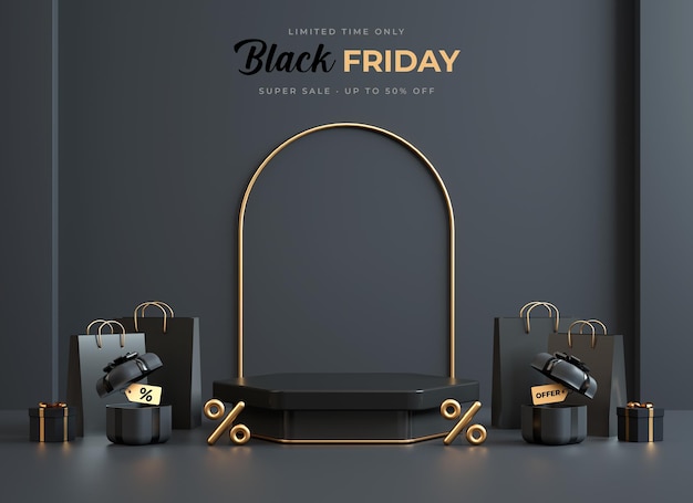 Black Friday geometric podium platform with black and gold stuff on a dark background for product display template