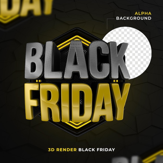 Black friday label in 3D hexagonal and neon render for Premium PSD marketing campaign