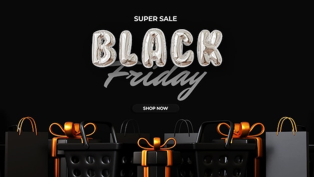 Black friday sale banner background with realistic and luxury gift boxes on dark background