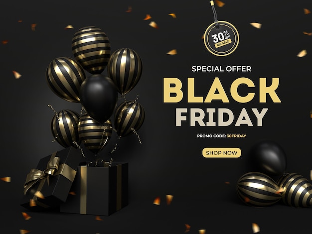 Black friday sale banner design template with realistic balloons and gift box