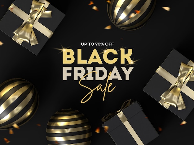 Black friday sale banner design template with realistic balloons and gift box