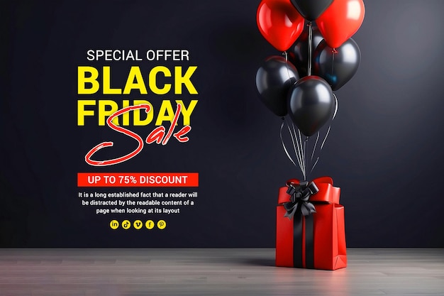 PSD black friday sale banner design with realistic balloons and gift box