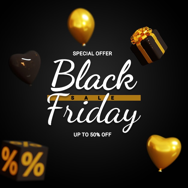 Black Friday Sale Banner Template with 3d Gift Box and Balloon