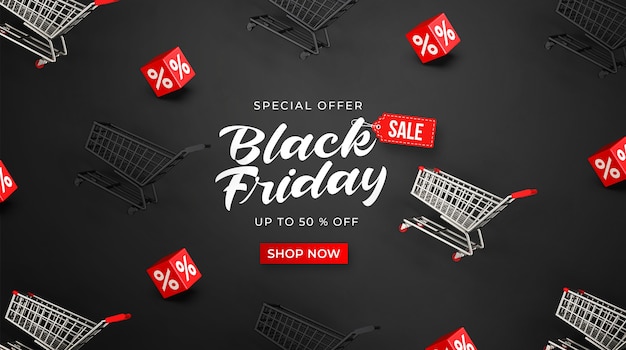 Black friday sale banner template with 3d shopping carts and cubes with percent