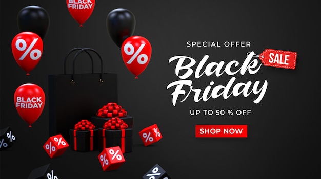 Black friday sale banner template with black and red shiny balloons, shop bag and gifts boxes