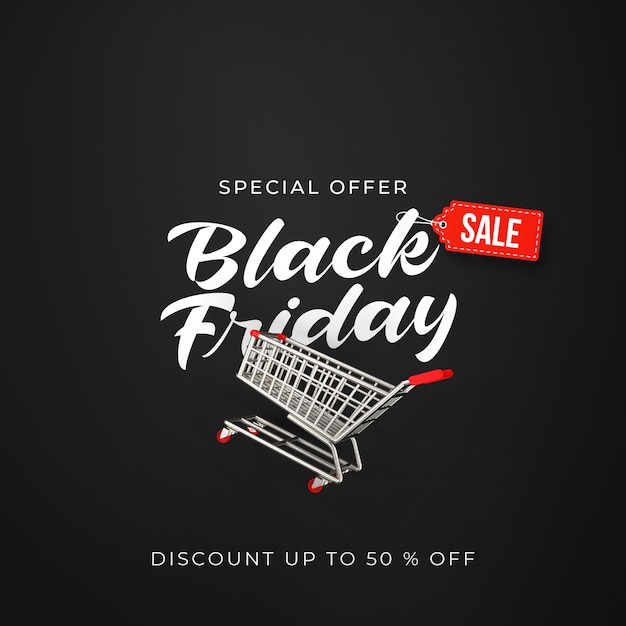 Black friday sale banner with 3d silver trolley