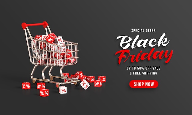 Black friday sale banner with Shopping chart and discount percent 3d rendering