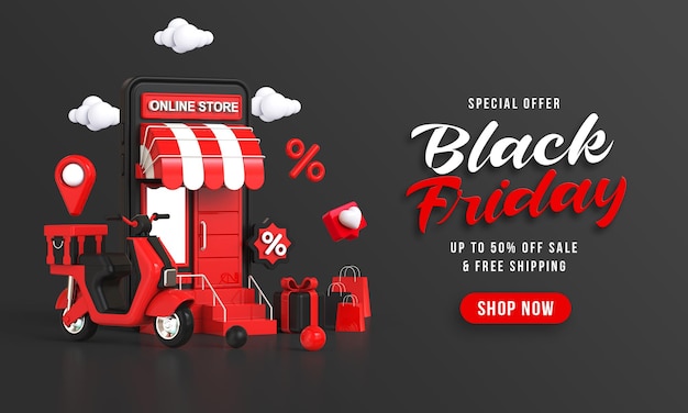 Black friday sale banner with Shopping store concept on mobile phone 3d rendering